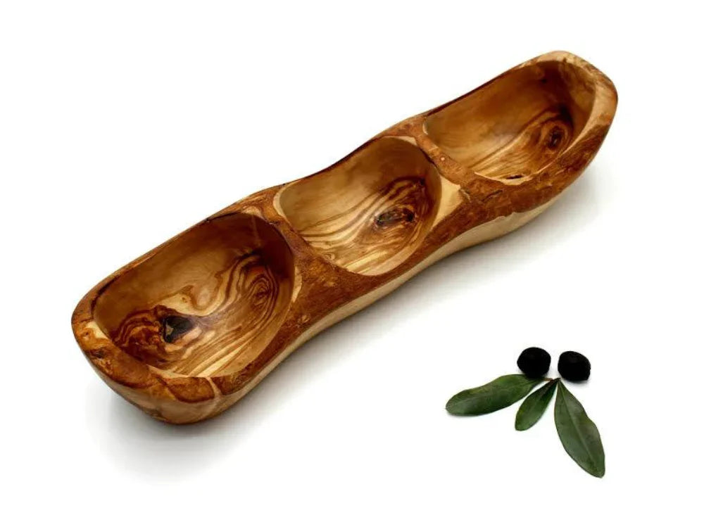 3-compartment olive wood bowl with nuts, dips and olives