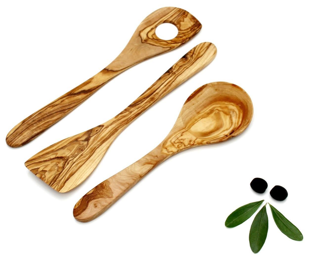 Set of 3 Olive Wood Cooking Spoons, Spatula, Risotto Spoon, Vegetable Spoon - DAGDEGshop