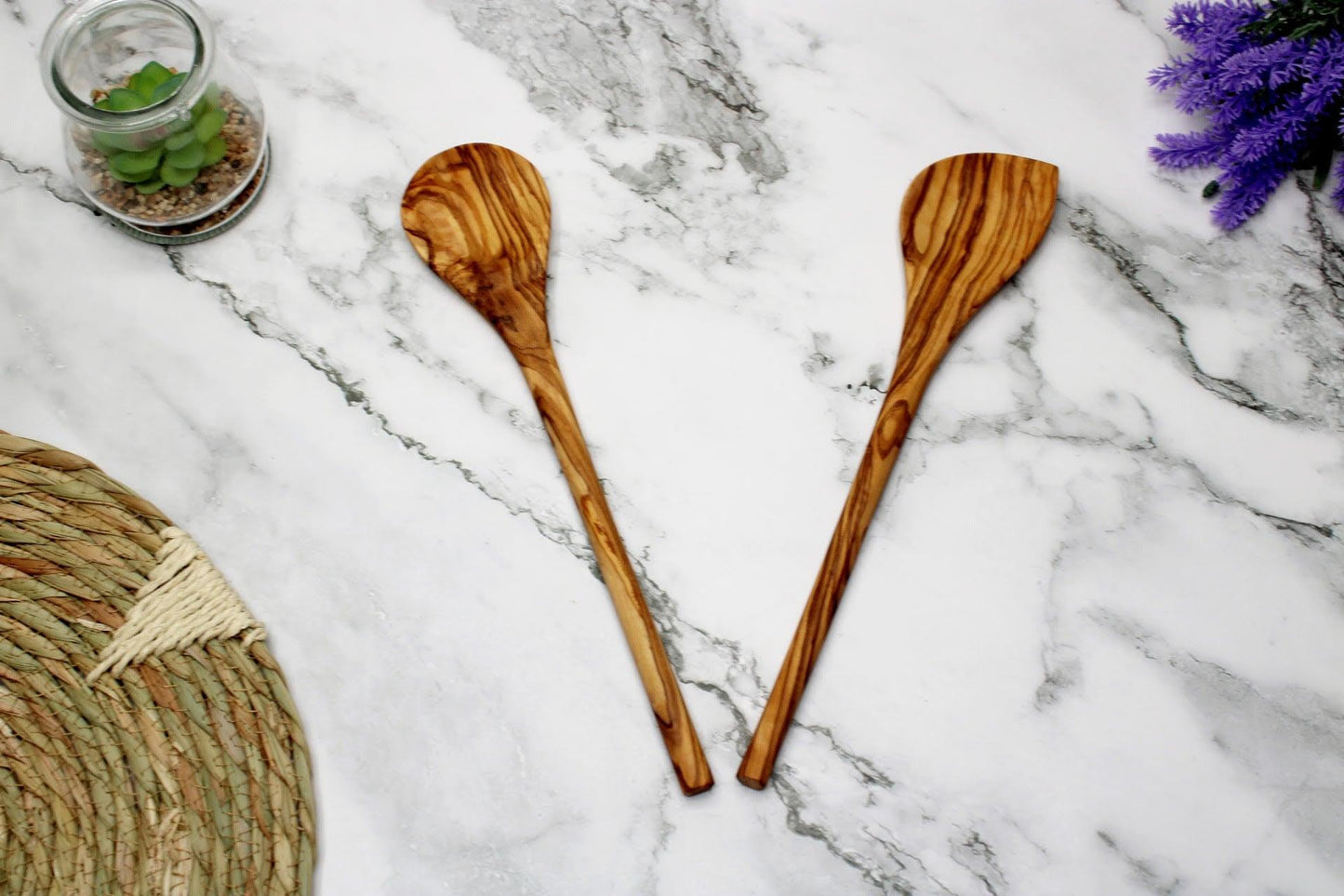 Olive Wood Corner Wooden Spoon , Set of 2 Round Cooking Spoons - DAGDEGshop