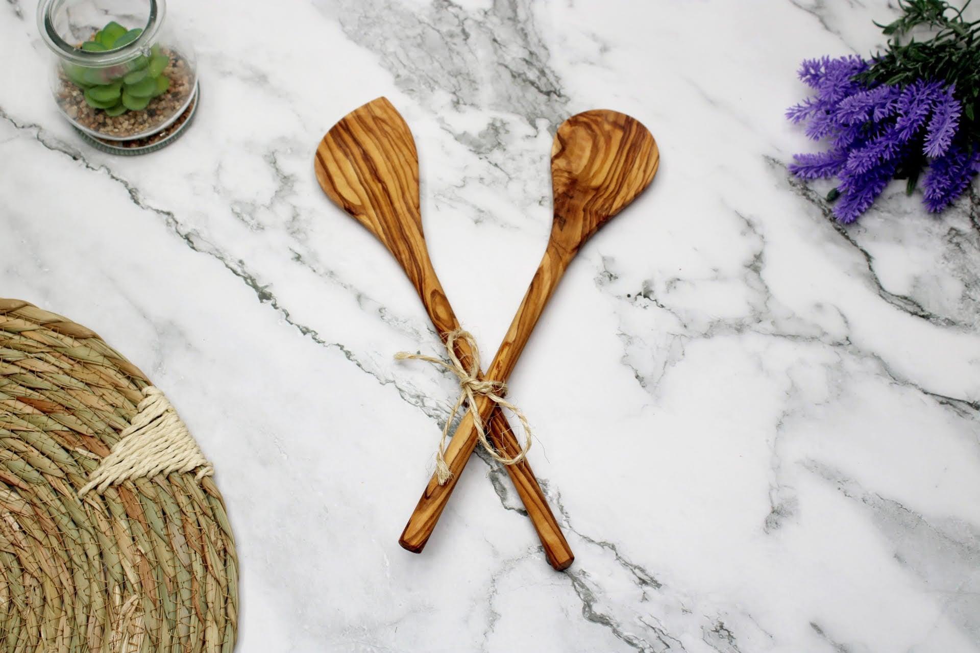 Olive Wood Corner Wooden Spoon , Set of 2 Round Cooking Spoons - DAGDEGshop