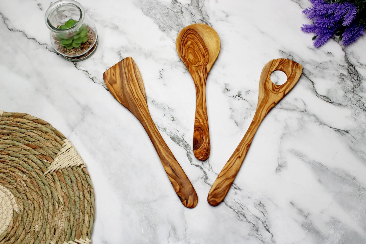 Set of 3 Olive Wood Cooking Spoons, Spatula, Risotto Spoon, Vegetable Spoon - DAGDEGshop