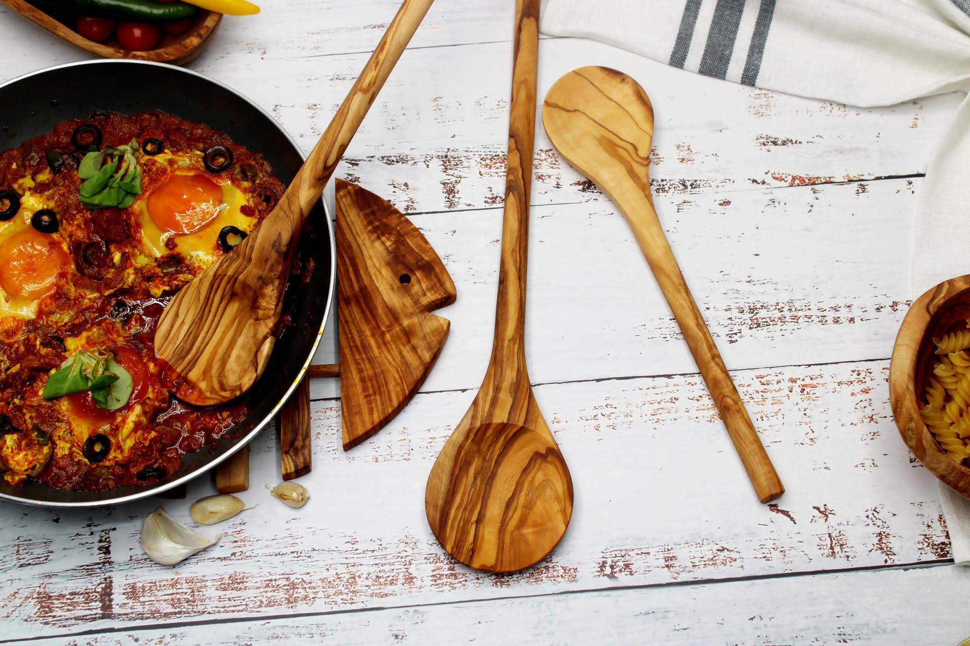 Olive Wood Corner Wooden Spoon , Set of 2 Round Cooking Spoons - DAGDEGshop