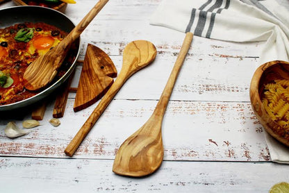 Olive Wood Corner Wooden Spoon , Set of 2 Round Cooking Spoons - DAGDEGshop